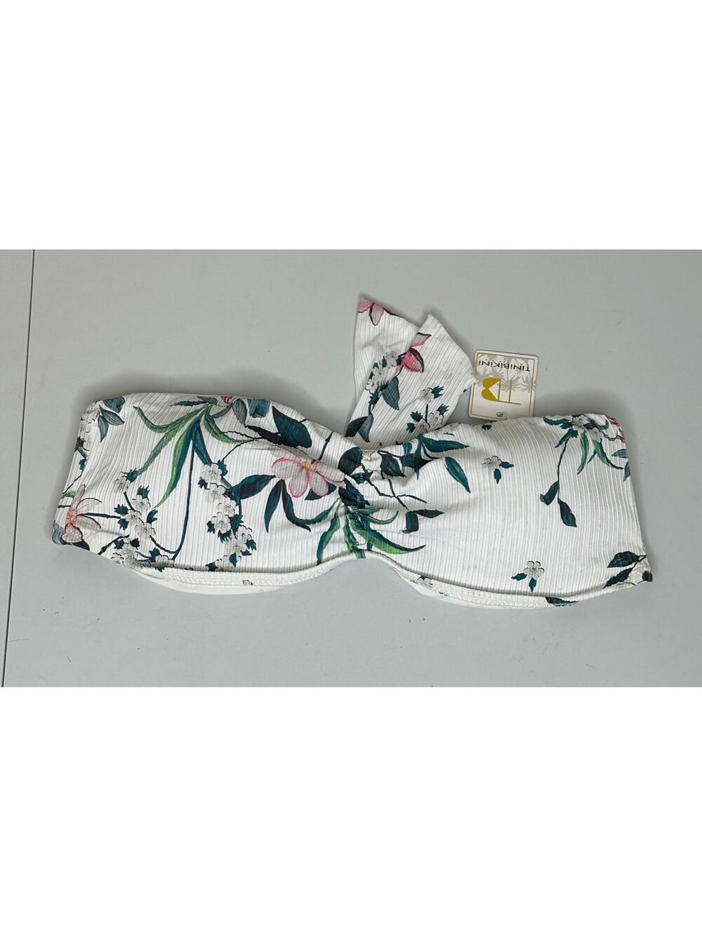 TiniBikini Top Womens L White Green Pink Floral Tropical Ribbed Bandeau Swim NWT